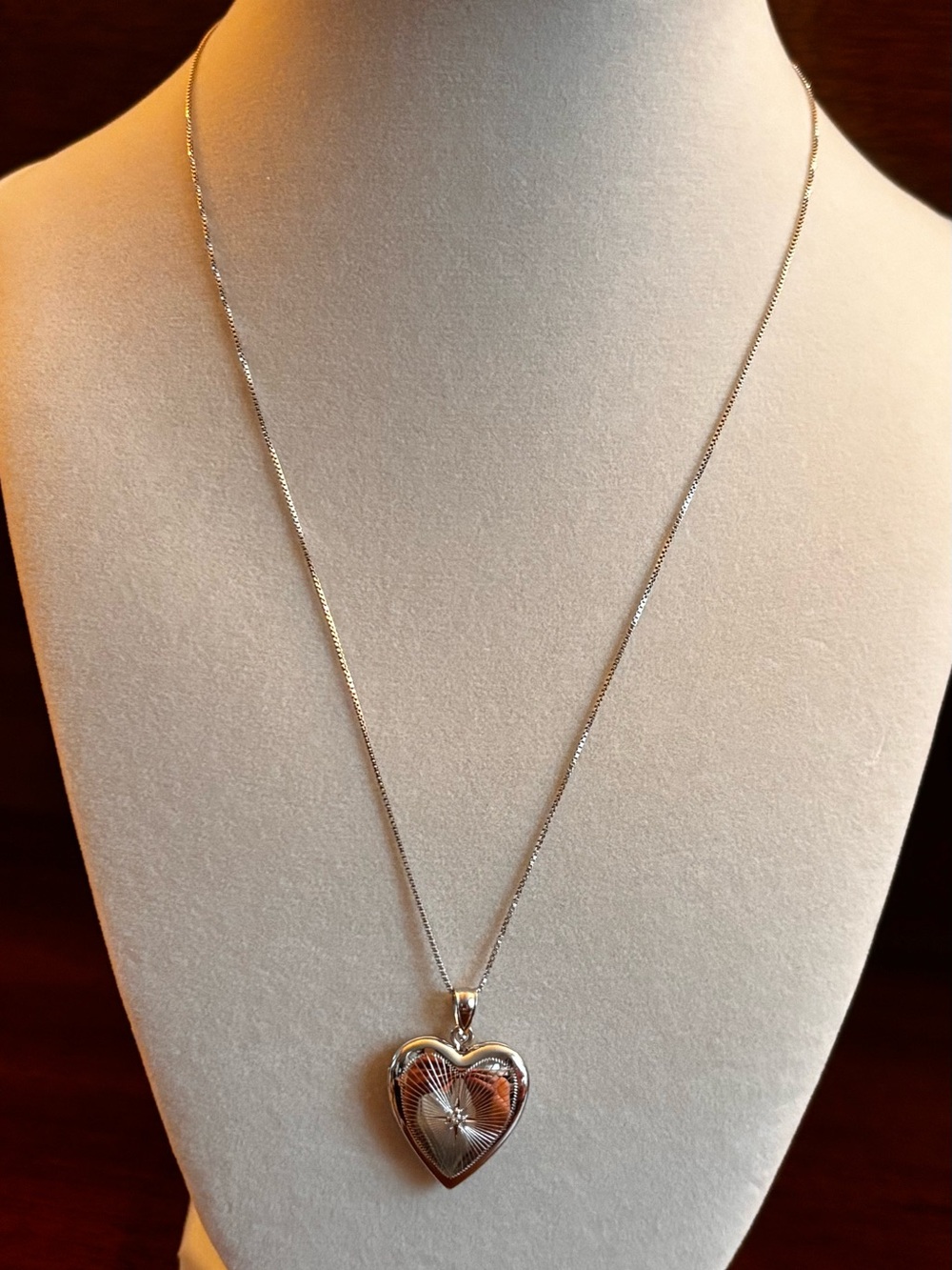 Silver Heart Locket Pendant Necklace - Natural diamond center stone